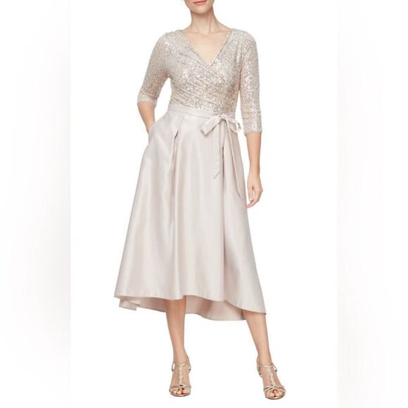 NWT Alex Evenings Sequin & Satin Midi Formal Dress in Taupe/Gold Size 10 - Picture 1 of 8